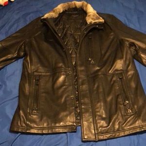 Leather Coat w/ Rabbit fur collar XXL